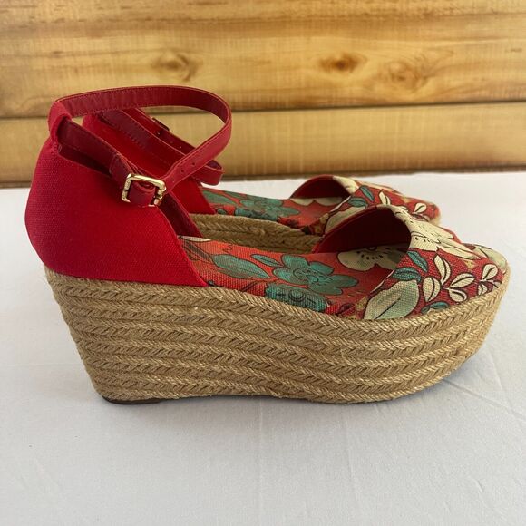 Tory Burch Sherri 9 M Leather Espadrille Wedge Platform Heel Peep Toe Red Floral - Picture 3 of 8